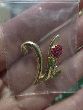 Gold Letter V Brooch with Red Rose Accent